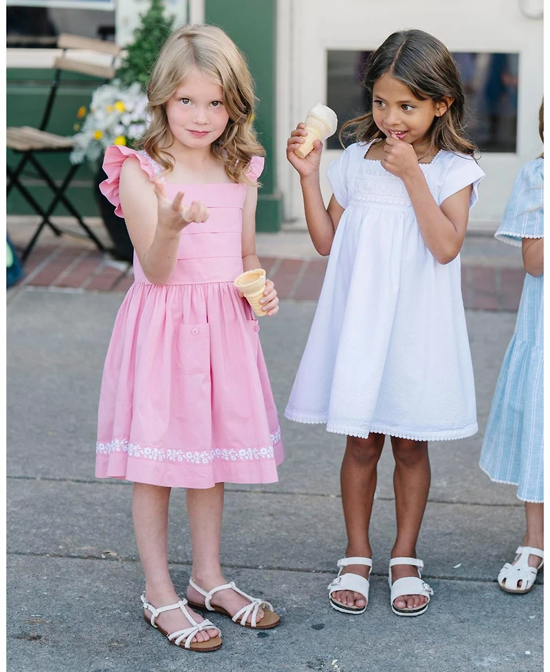 Hope & Henry Toddler Girls Pleated Flutter Sleeve Apron Dress with Embroidery