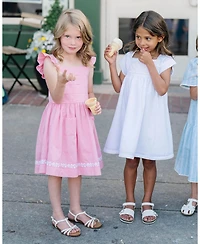 Hope & Henry Toddler Girls Pleated Flutter Sleeve Apron Dress with Embroidery
