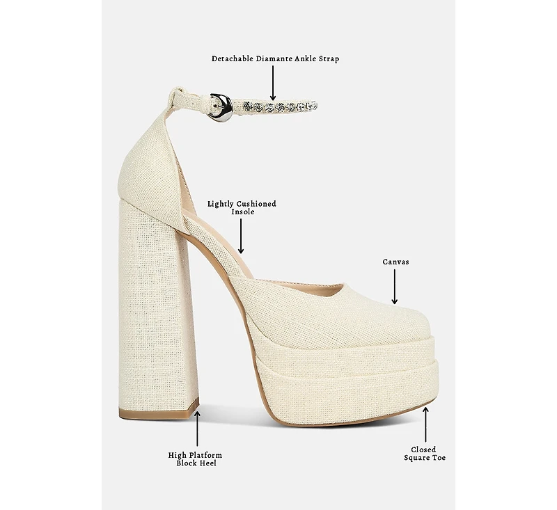 Cosette Diamante Embellished Ankle Strap High Block Heel Sandals in Off White