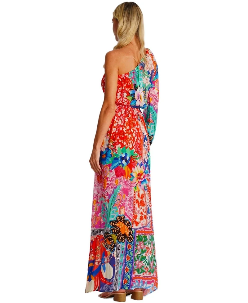 La Moda Clothing Women's Maxi One Shoulder Floral Dress