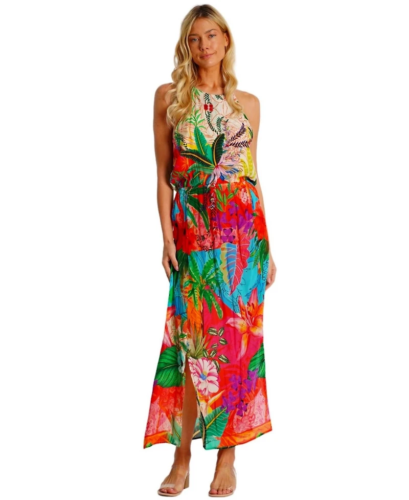 La Moda Clothing Women's Maxi Dress, Halter Neck & Crossed Back Straps, Cinched Waist with Side Slits