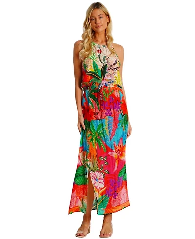 La Moda Clothing Women's Maxi Dress, Halter Neck & Crossed Back Straps, Cinched Waist with Side Slits