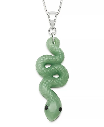 Macy's Dyed Green Jadeite Snake and Black Agate Eyes Pendant Necklace in Sterling Silver