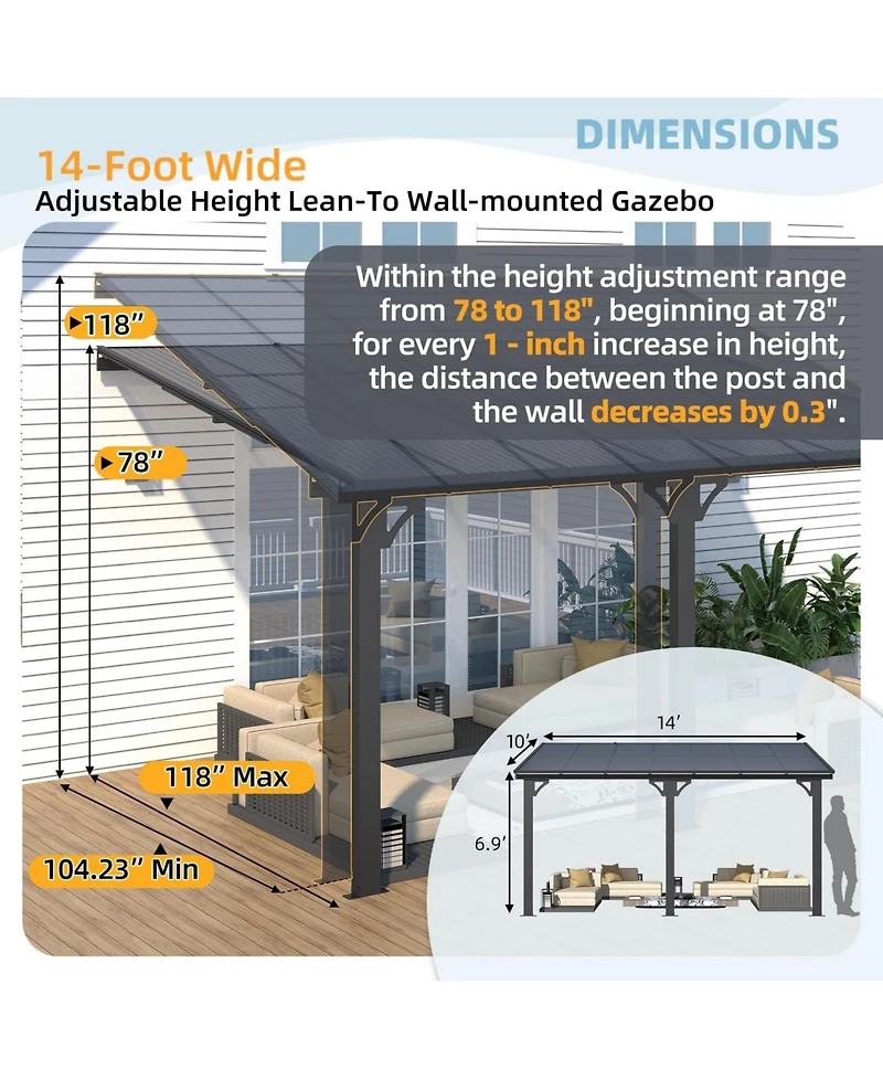 Aecojoy 14'x10' Adjustable Height Wall Mounted Outdoor Gazebos Pergola