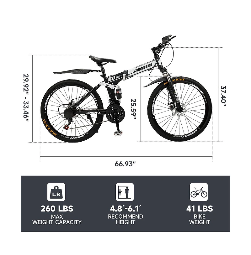 Artudatech Unisex Adult Mountain Bike Full Suspension 26" 21 Speed Mtb Folding Bicycle