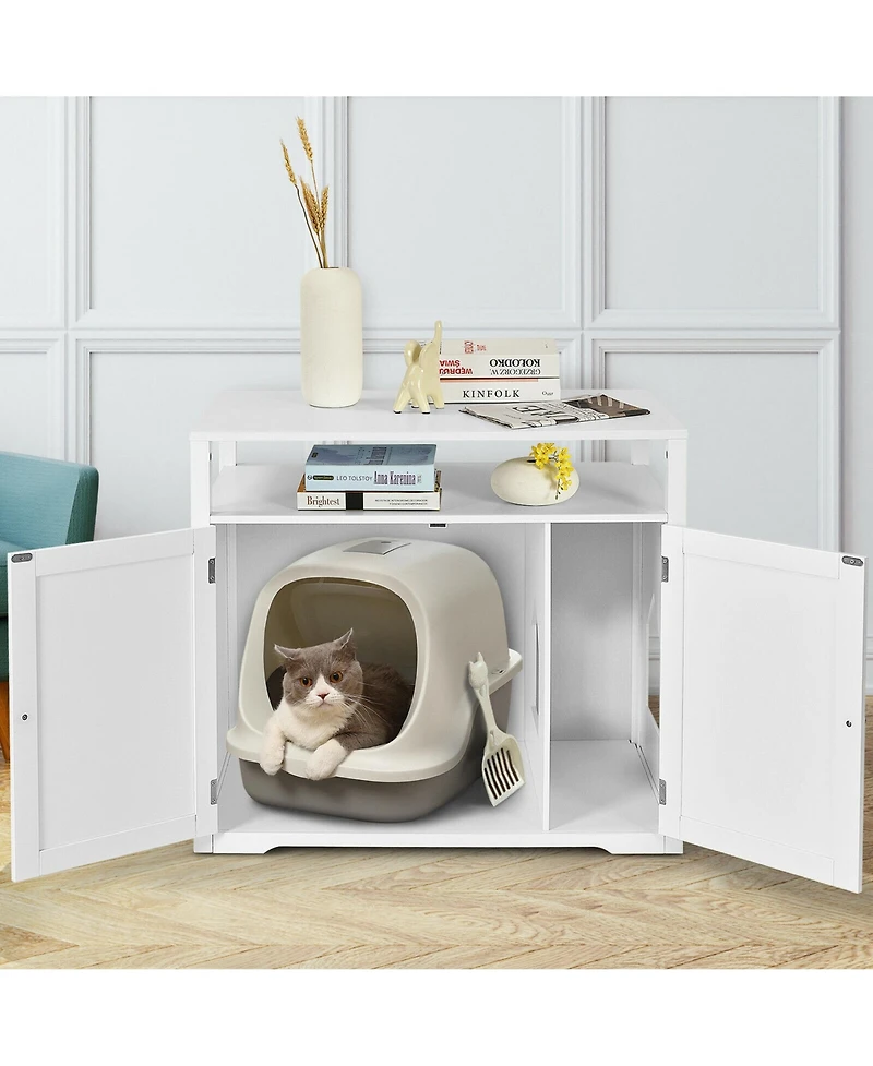 Gymax Wooden Cat Litter Box Enclosure Hidden Cat Washroom w/ Storage Layer