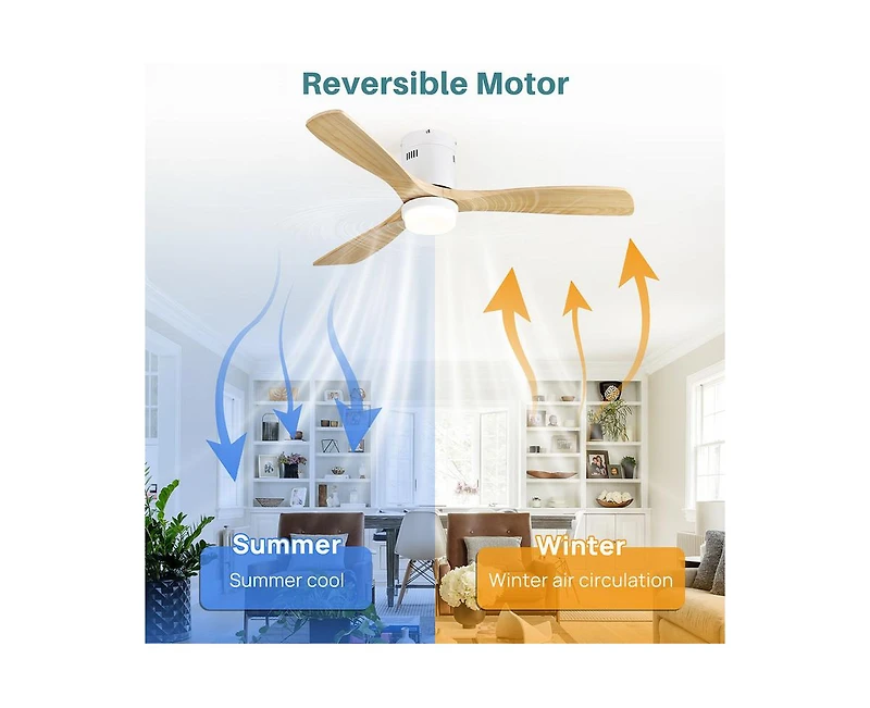 52-inch Modern White 3 Solid Wood Blades Flush Mount Tri color Adjustable Ceiling Fan Light with Remote Control and Forward Reverse Rotation Function