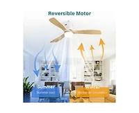 52-inch Modern White 3 Solid Wood Blades Flush Mount Tri color Adjustable Ceiling Fan Light with Remote Control and Forward Reverse Rotation Function