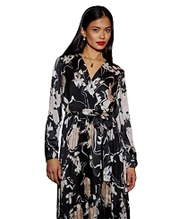 Yumi Women's Floral Satin Long Sleeve Midi Dress