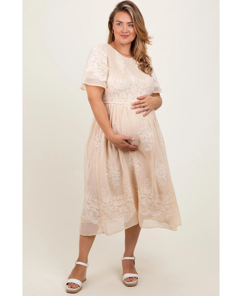 Pinkblush Plus Cream Embroidered Smocked Midi Dress