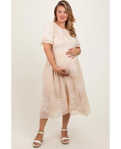 Pinkblush Plus Cream Embroidered Smocked Midi Dress
