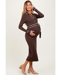 Pinkblush Maternity Brown Soft Stretchy Rib Fitted Sweater Midi Dress