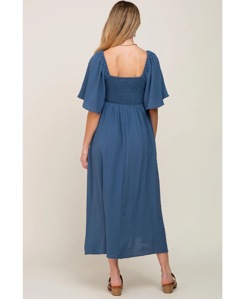 Pinkblush Maternity Navy Blue Textured Dot Front Tie Ruffle Sleeve Midi Dress