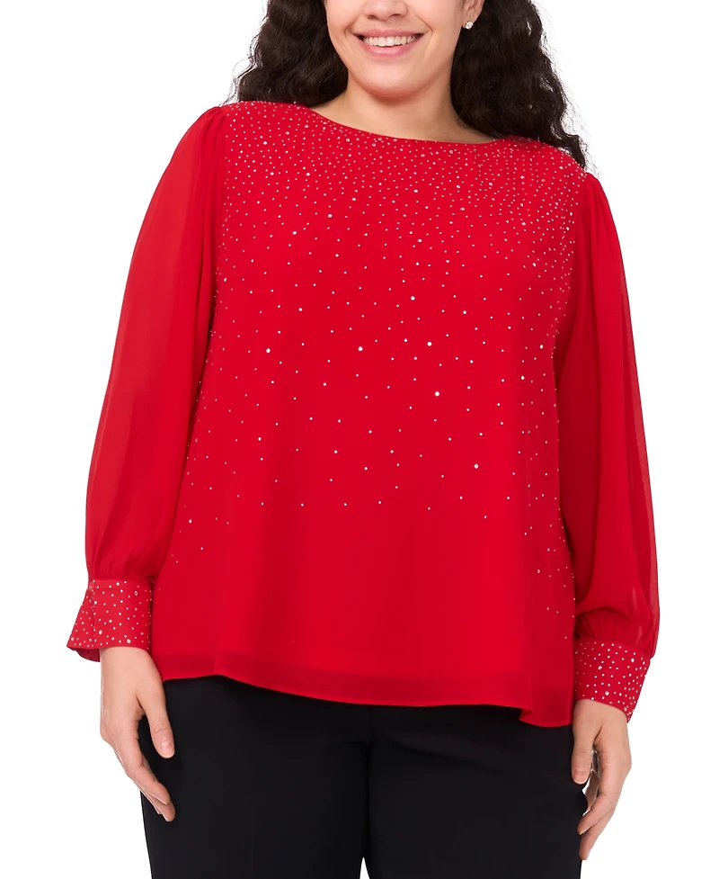 Msk Plus Size Rhinestone Embellished Balloon Sleeves Top