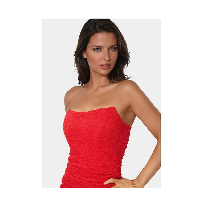 Bebe Women's Strapless Lace Drape Detail Mini Dress
