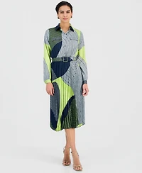 T Tahari Women's Printed Belted Pleated Midi Dress