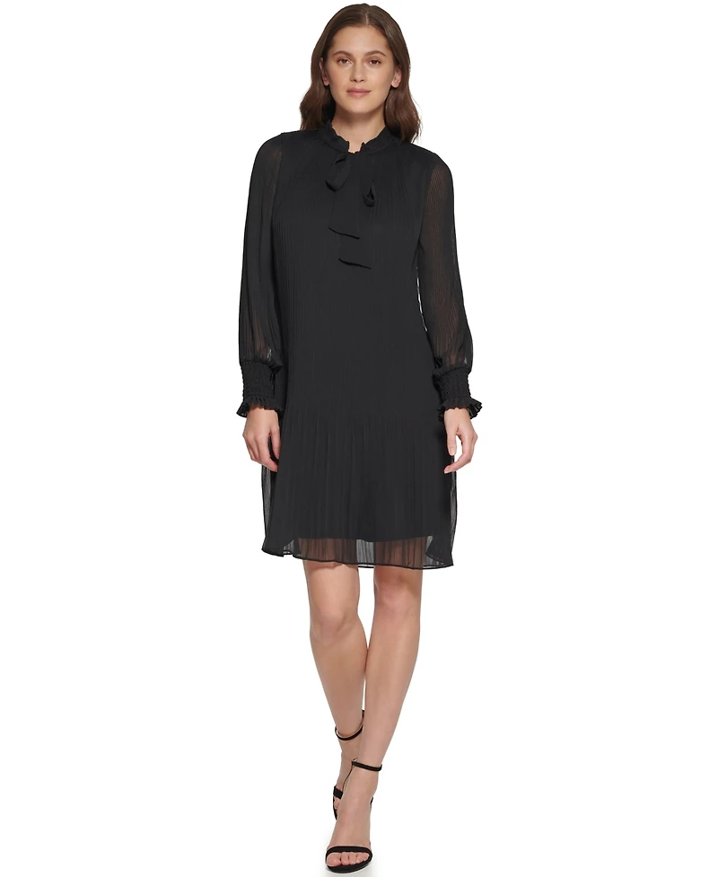 Dkny Women's Chiffon Pleated Tie Collar Shift Dress