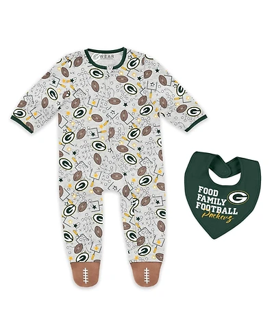 Wear by Erin Andrews Baby Boys and Girls Newborn Green Bay Packers Sleep Play Full-Zip Sleeper Bib Set