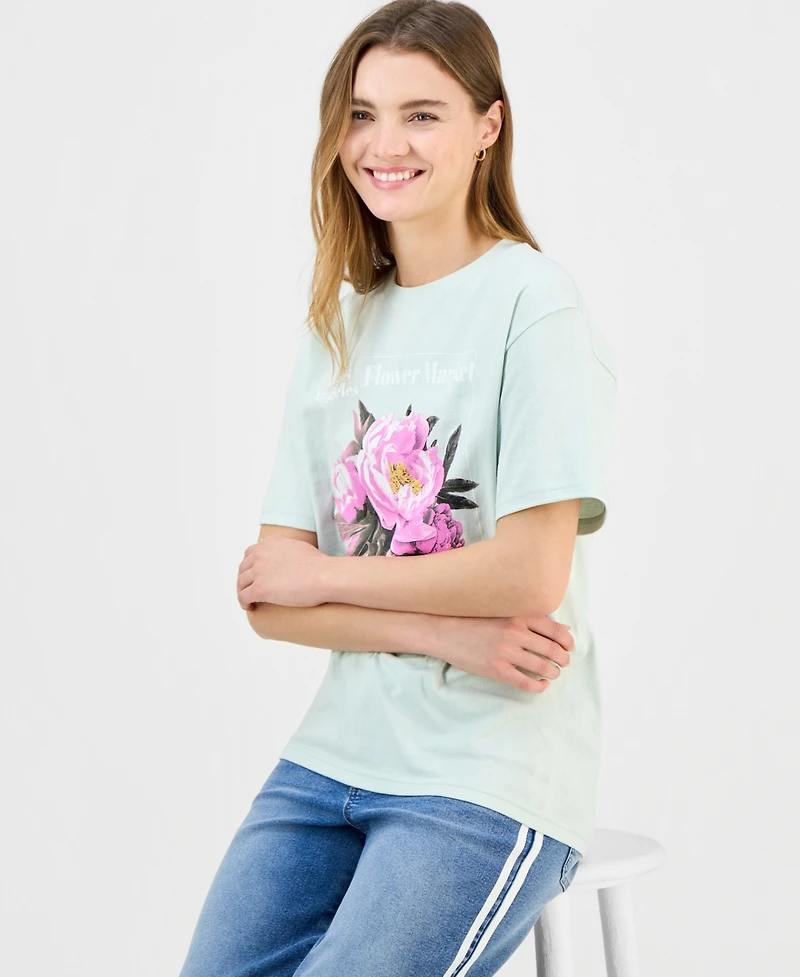 Rebellious One Juniors' Cotton La Flower Market Boyfriend Tee
