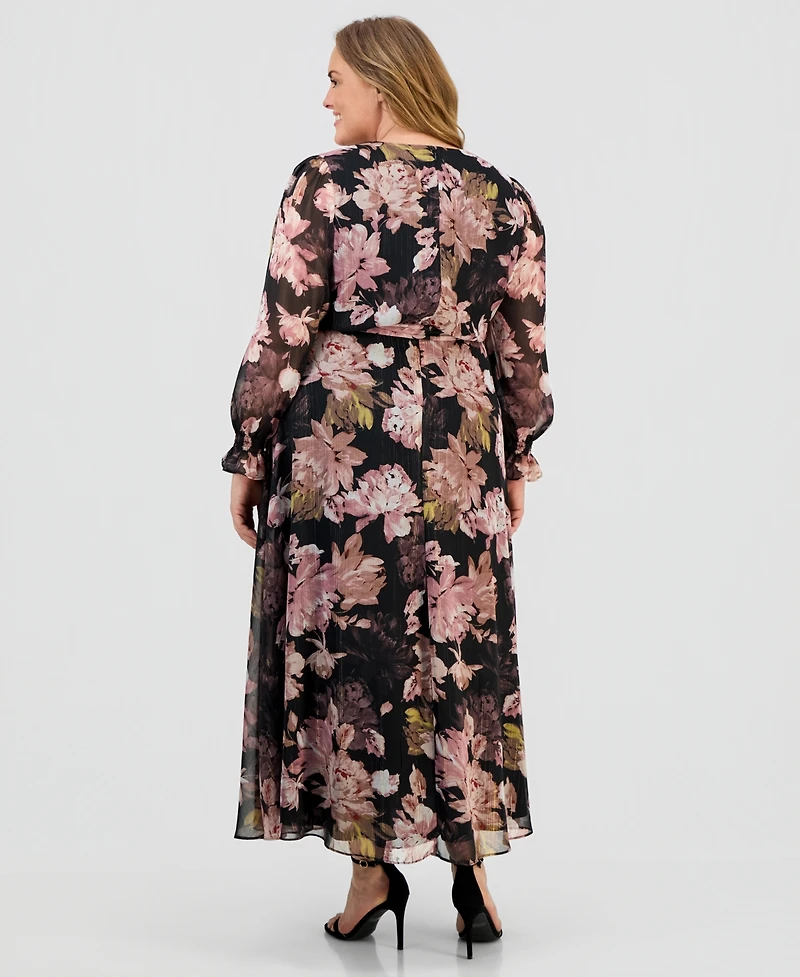 Anne Klein Plus V-Neck Belted Long-Sleeve Maxi Dress