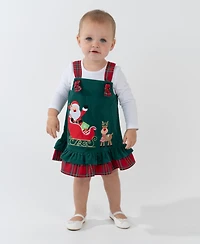 Rare Editions Baby Girl 2-Piece Santa Sleigh Jumper Dress and Ribbed Top Set