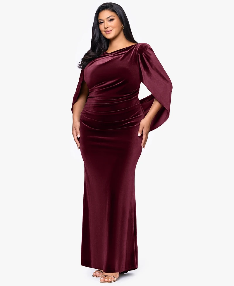 B&A By Betsy and Adam Plus Boat Neck Long Drape Back Dress