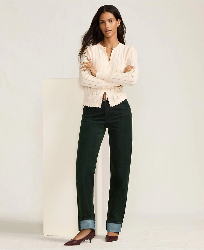 Lands' End Women's Flocked Denim Mid Rise Relaxed Straight Leg Cuff Jeans