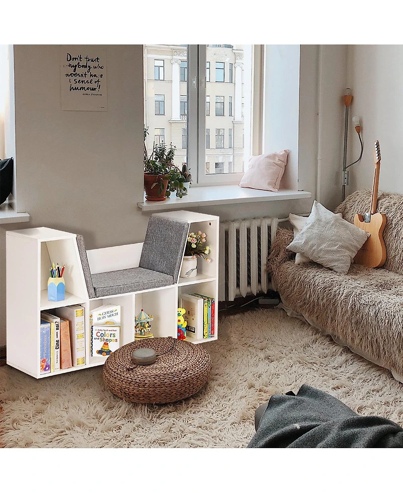 6 Cubby Kid Storage Cabinet Cushioned Bookcase Multi-Purpose Reading Shelf