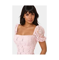 Bebe Women's Lace Slim Dress with Puff Sleeves