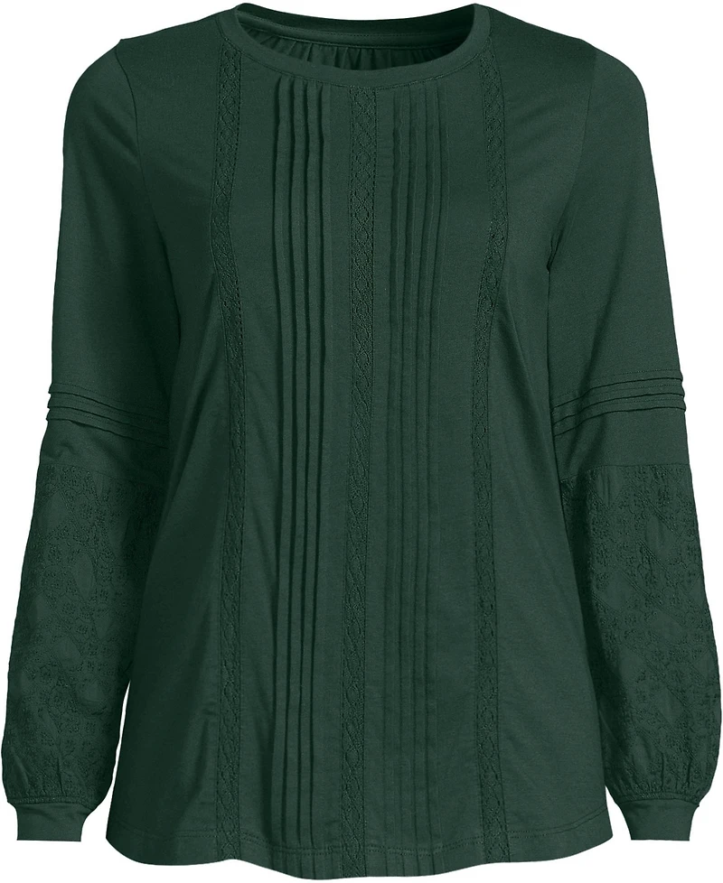 Lands' End Women's Lightweight Jersey Lace Mix Long Sleeve Pintuck Top