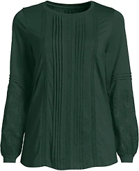 Lands' End Women's Lightweight Jersey Lace Mix Long Sleeve Pintuck Top