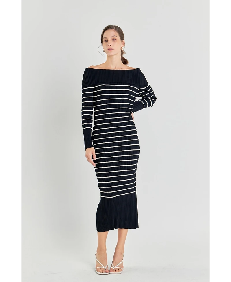 endless rose Women's Off Shoulder Fold Striped Maxi Dress