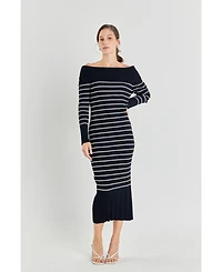 endless rose Women's Off Shoulder Fold Striped Maxi Dress