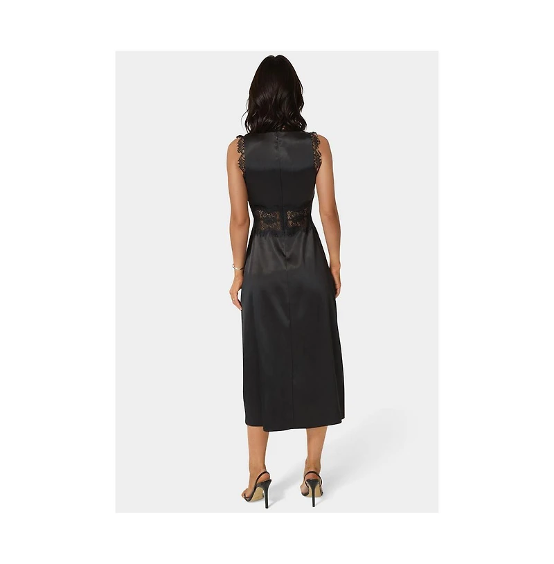 Bebe Women's Satin Lace Insert Midi Dress