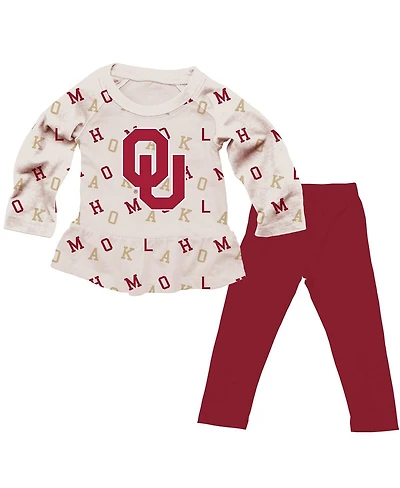 Wes & Willy Girls Toddler 2-Piece Oatmeal Oklahoma Sooners Ruffle Raglan Long Sleeve T-Shirt and Leggings Set