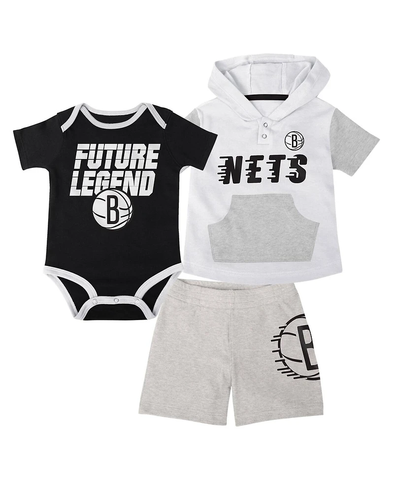 Outerstuff Baby Boys and Girls 3-Piece Black/White Brooklyn Nets Bank Shot Bodysuit, Hoodie, T-Shirt Shorts Set