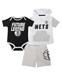 Outerstuff Baby Boys and Girls 3-Piece Black/White Brooklyn Nets Bank Shot Bodysuit, Hoodie, T-Shirt Shorts Set