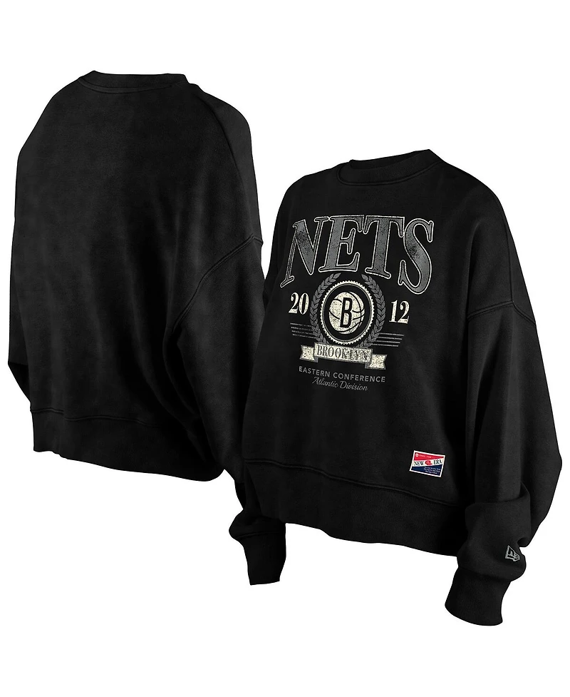 New Era Women's Black Brooklyn Nets Throwback Enzyme Wash Oversized Boxy Pullover Sweatshirt
