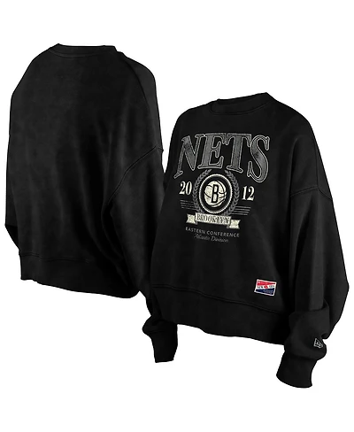 New Era Women's Black Brooklyn Nets Throwback Enzyme Wash Oversized Boxy Pullover Sweatshirt