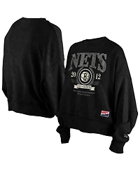 New Era Women's Black Brooklyn Nets Throwback Enzyme Wash Oversized Boxy Pullover Sweatshirt