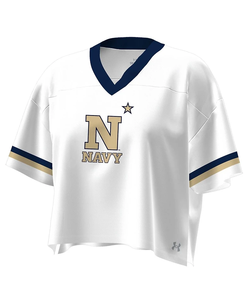 Under Armour Women's White Navy Midshipmen Fashion Jersey Boxy Cropped V-Neck T-Shirt