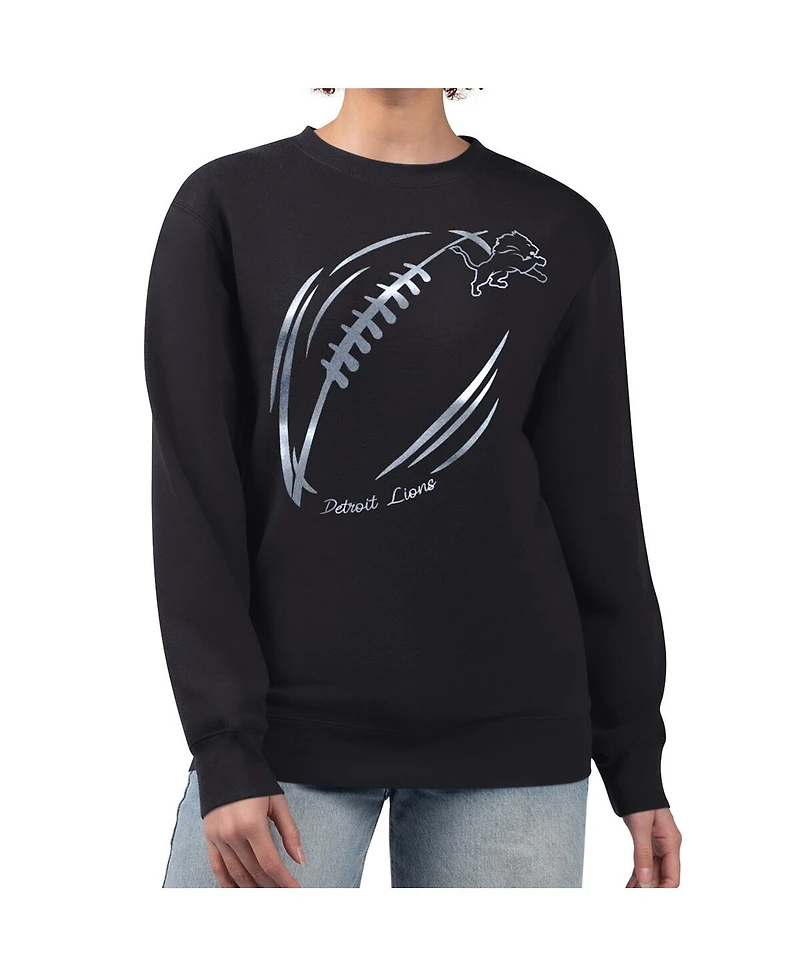 G-iii 4Her by Carl Banks Women's Black Detroit Lions Metallic Print Football Sketch Fleece Crewneck Sweatshirt