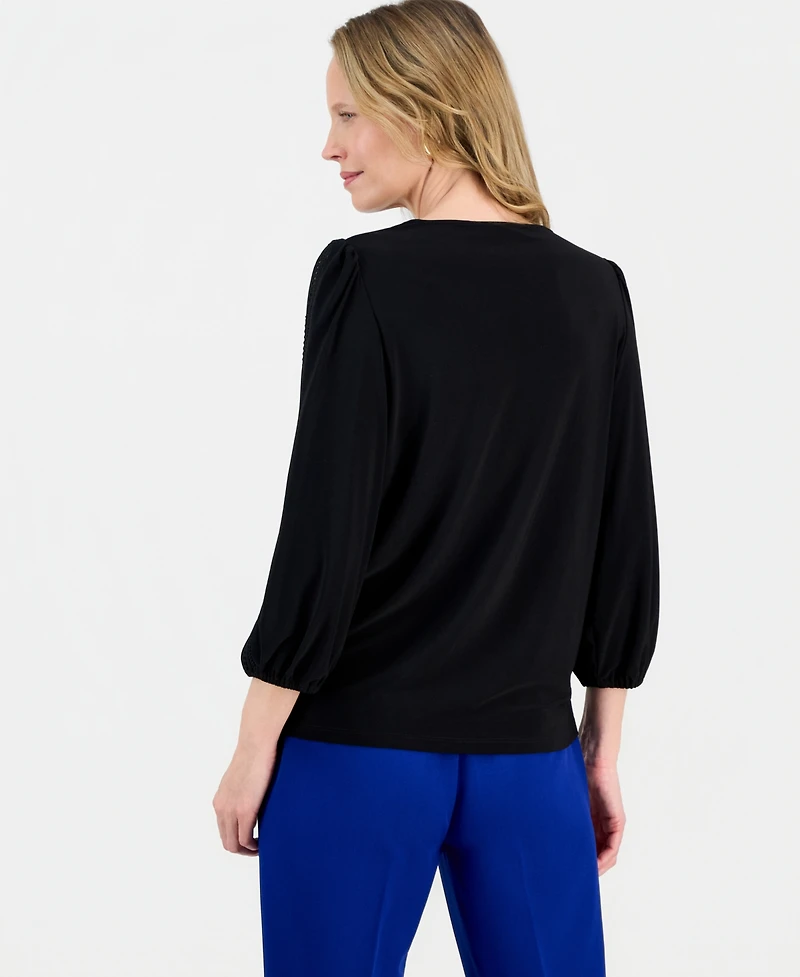 Kasper Women's Crewneck 3/4-Lace-Trim-Sleeve Blouse, Regular & Petite