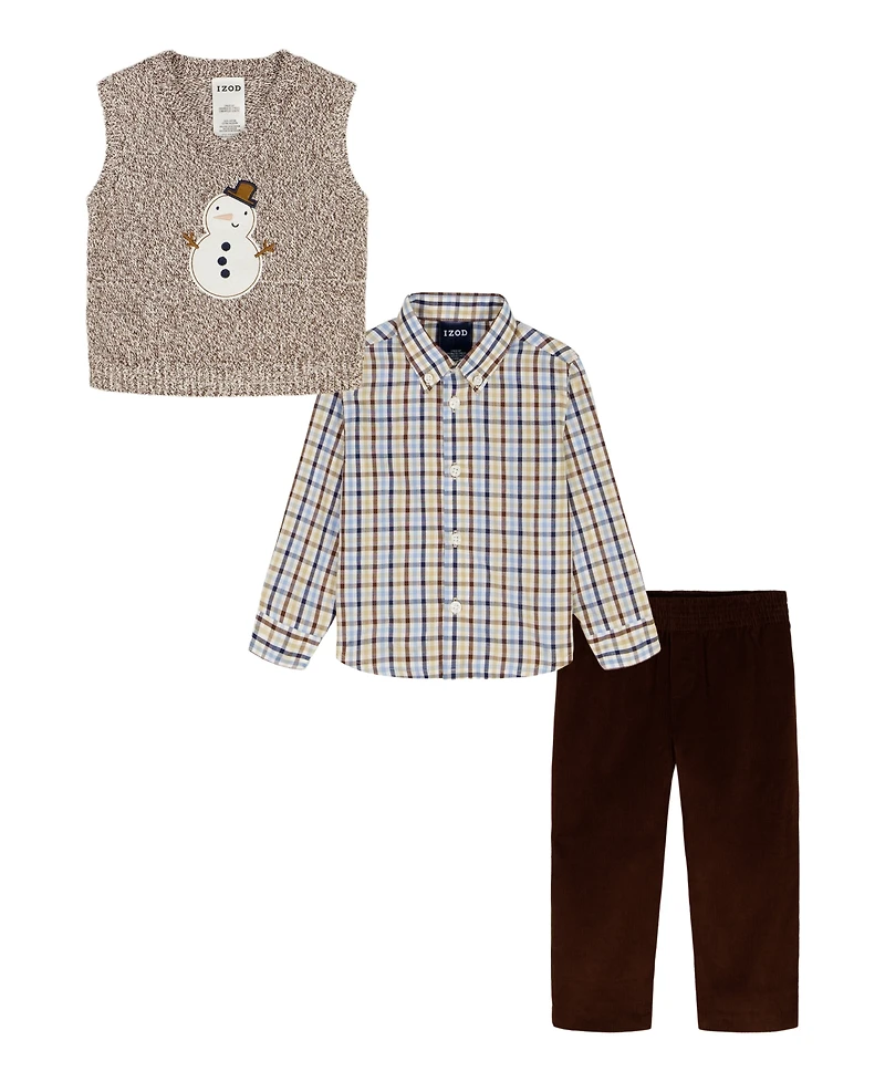 Izod Baby Boys 3-Piece Snowman Sweater Vest, Shirt and Pants Set