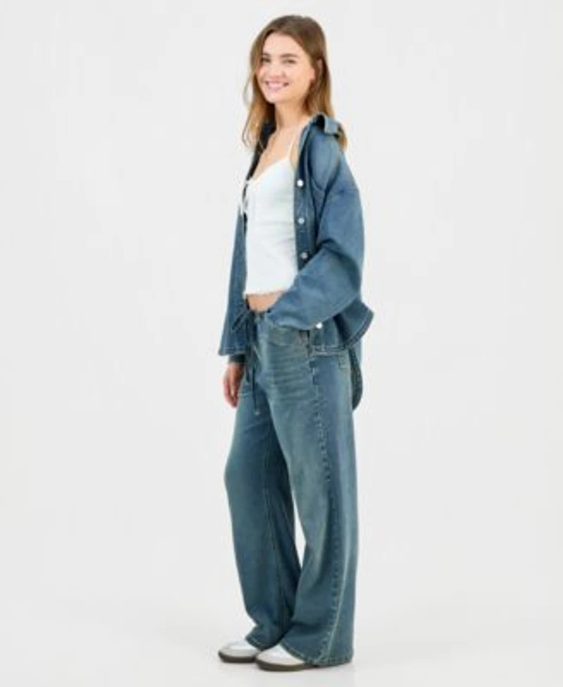 Indigo Rein Juniors Tinted Denim Button Up Shirt Wide Leg Jeans