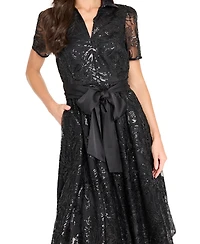 Tahari Asl Women's Collared V-Neck Sequin Dress