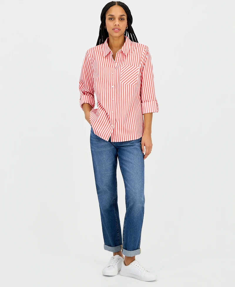 Nautica Jeans Women's Striped Roll-Tab-Sleeve Cotton Shirt