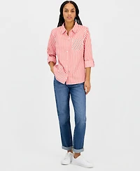Nautica Jeans Women's Striped Roll-Tab-Sleeve Cotton Shirt