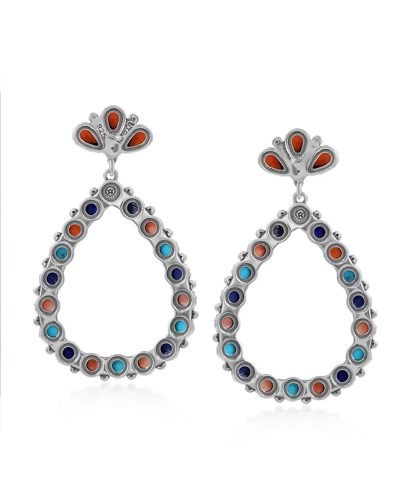 American West Jewelry Sterling Silver Orange Spiny Oyster, Turquoise and Lapis Teardrop Post Back Earrings