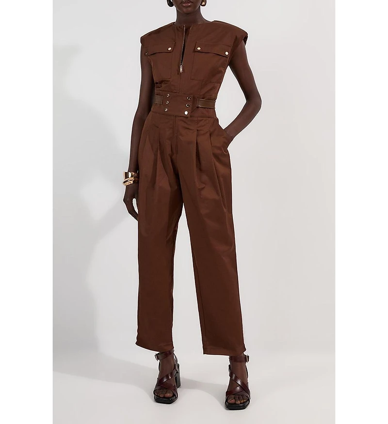 Karen Millen Women's Cotton & Faux Leather Utility Jumpsuit